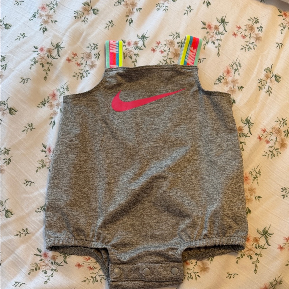 Nike Gray Toddler Romper with Hot Pink Swoosh and Rainbow Straps